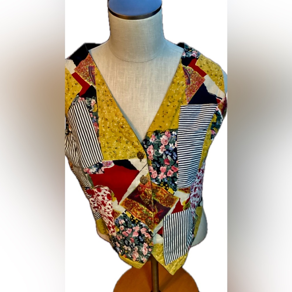Vintage Fashion Passport Patchwork Cotton Vest Tieback 100% Cotton Size Medium